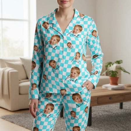 Custom Photo Upload Pajamas with Turquoise Checkered Pattern main product photo
