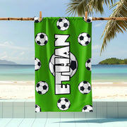 Custom Personalized Beach Towel with Soccer Balls on Green main product photo