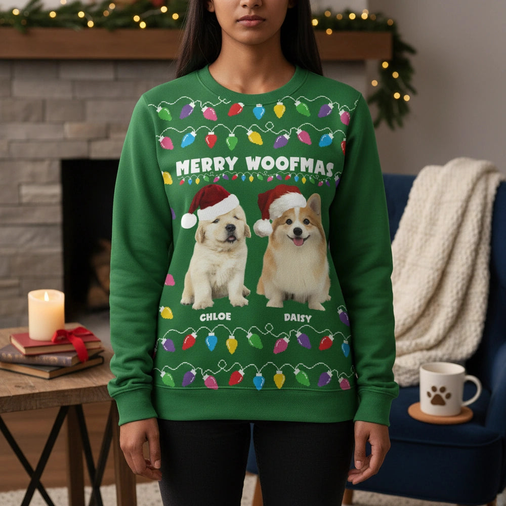 Custom Photo Upload Merry Woofmas Sweater with Christmas Lights main product photo
