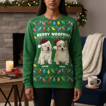Custom Photo Upload Merry Woofmas Sweater with Christmas Lights main product photo
