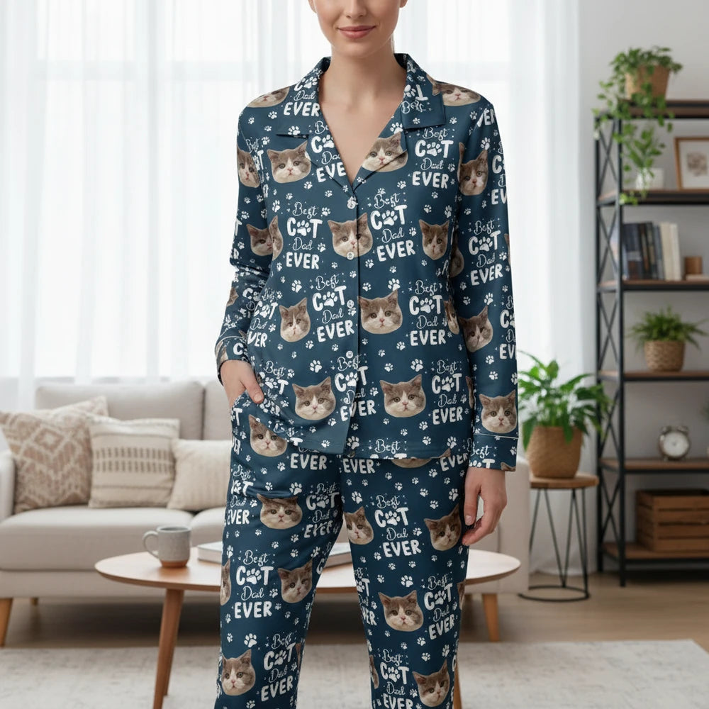 Custom Photo Upload Pajamas with Best Cat Dad Ever & Paw Prints main product photo