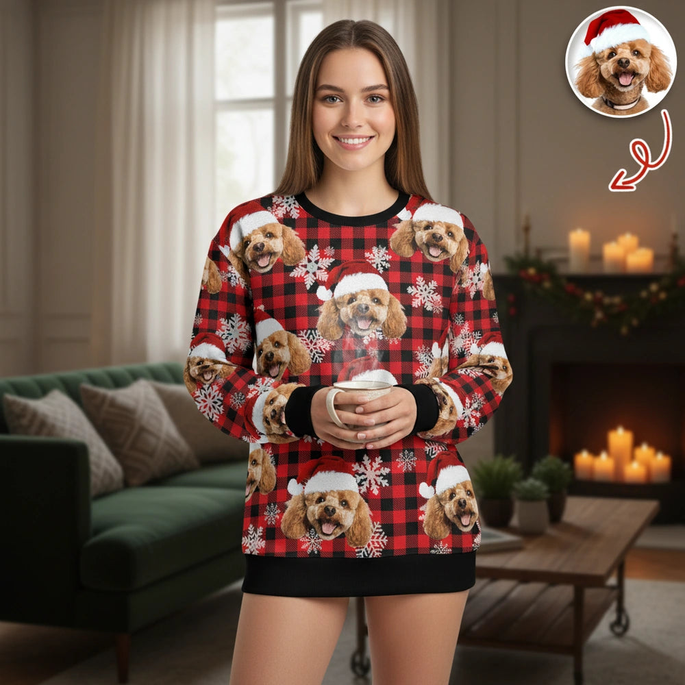 Custom Photo Upload Sweater with Buffalo Plaid and Snowflakes main product photo