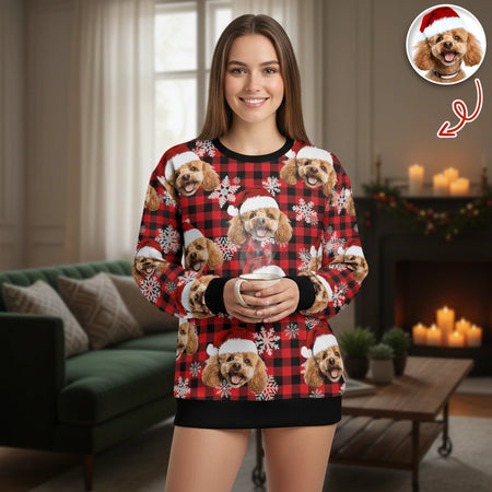 Custom Photo Upload Sweater with Buffalo Plaid and Snowflakes main product photo