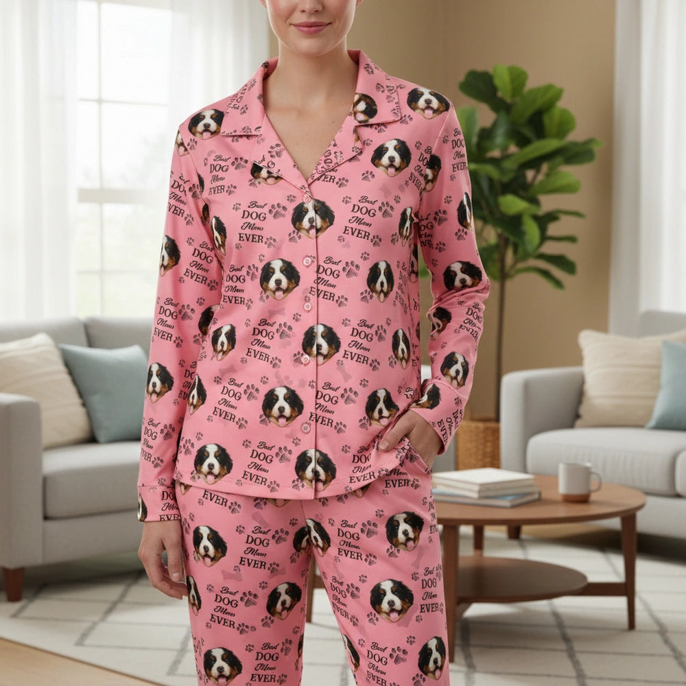 Custom Photo Upload Pajamas Best Dog Mom Ever Pink Paw Print main product photo