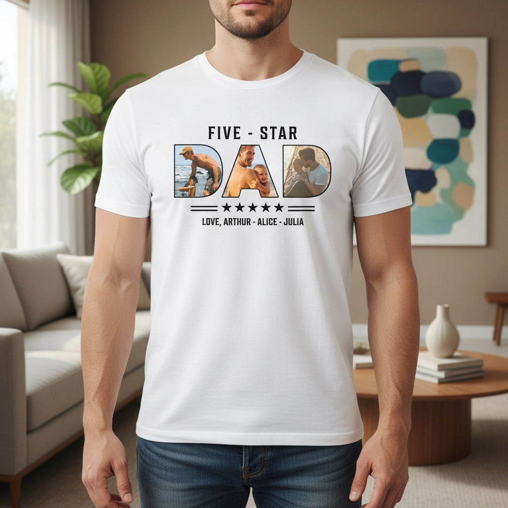 Custom Photo Upload T-Shirt with Five-Star Dad Text main product photo
