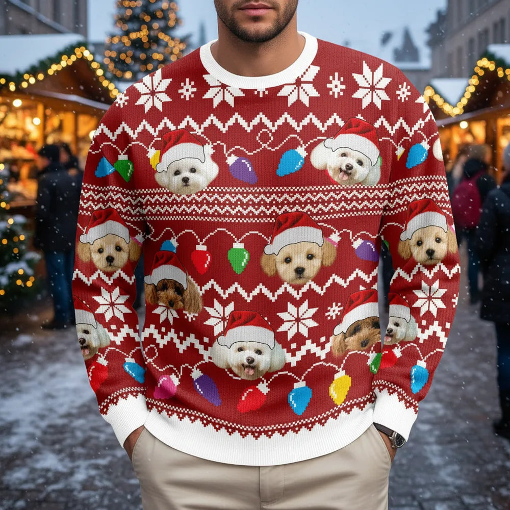 Custom Photo Upload Christmas Sweater with Dogs in Santa Hats main product photo