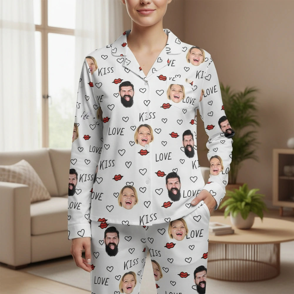 Custom Photo Upload Pajamas with Love Kiss Hearts and Lips Pattern main product photo