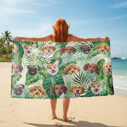Custom Photo Upload Beach Towel with Tropical Leaves & Dog Faces main product photo