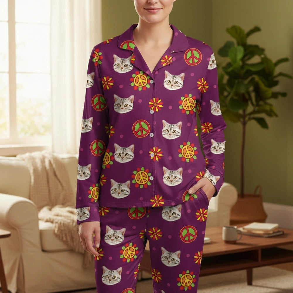 Custom Photo Upload Pajamas with Cat Faces & Peace Signs main product photo