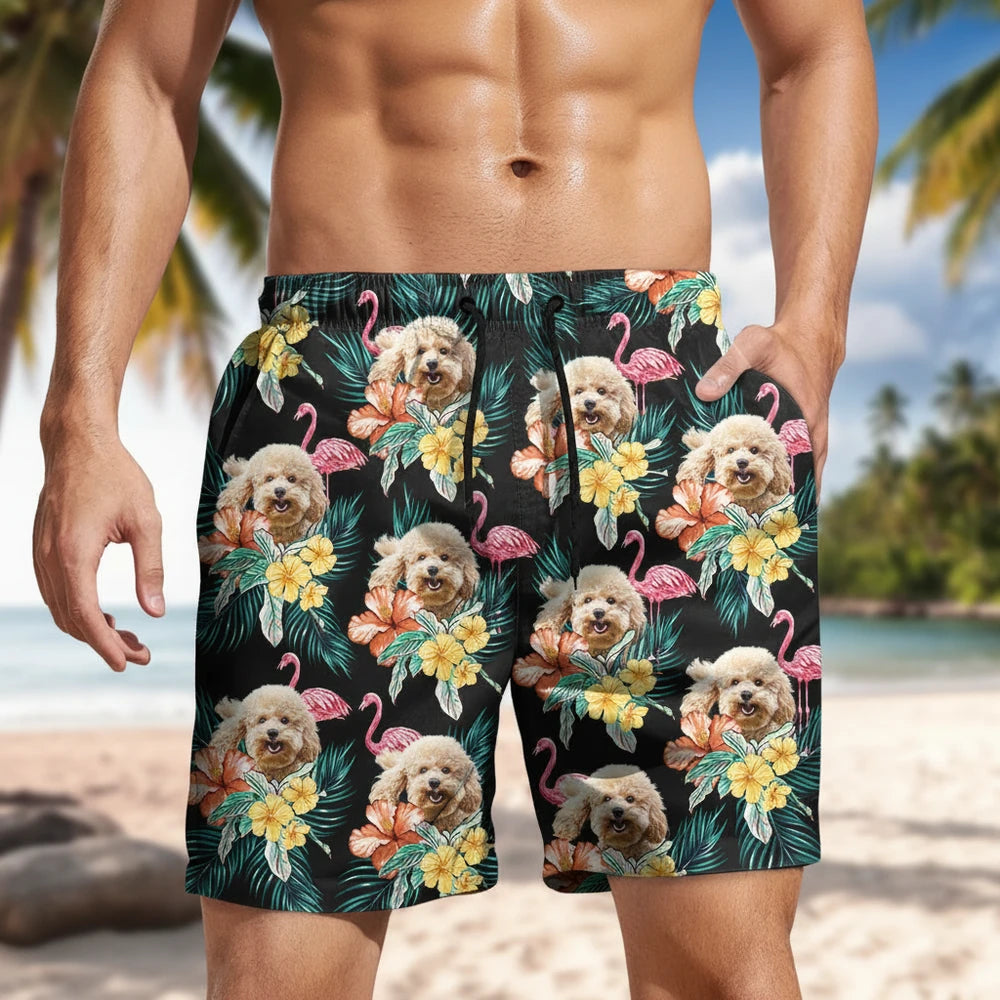 Custom Photo Beach Shorts with Tropical Flowers and Flamingos main product photo