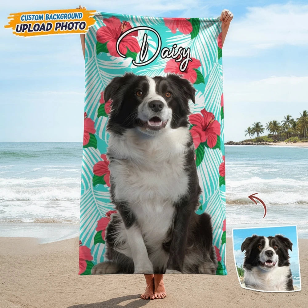 Custom Photo Upload Beach Towel with Tropical Hibiscus Flowers main product photo