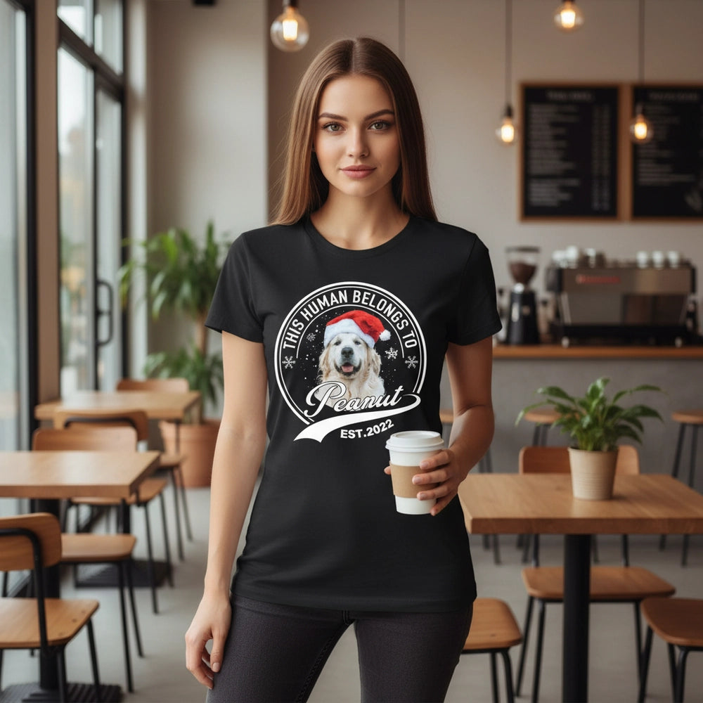 Custom Photo Upload T-Shirt with This Human Belongs To Badge Design main product photo