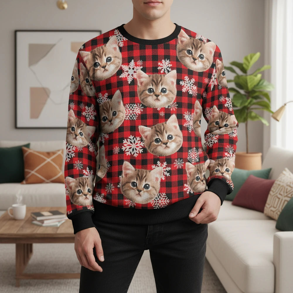 Custom Photo Upload Sweater with Buffalo Plaid and Snowflakes main product photo