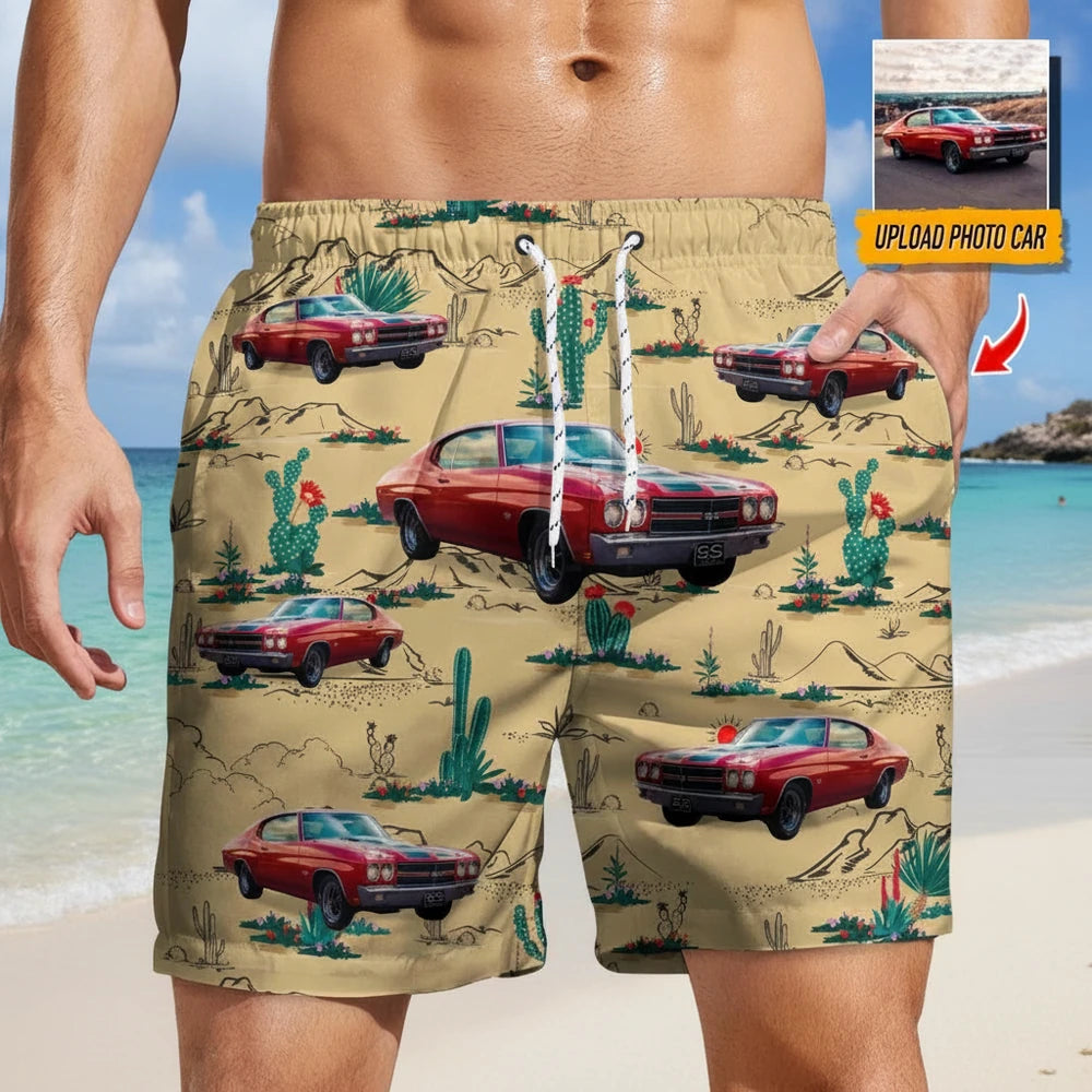 Custom Photo Upload Beach Shorts with Desert Cacti Pattern main product photo