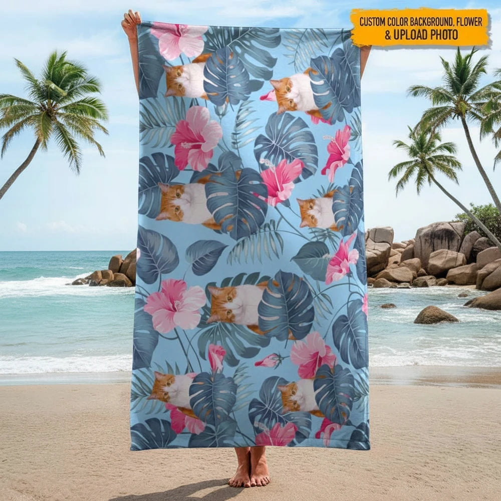 Custom Photo Upload Beach Towel with Tropical Flowers & Monstera Leaves main product photo