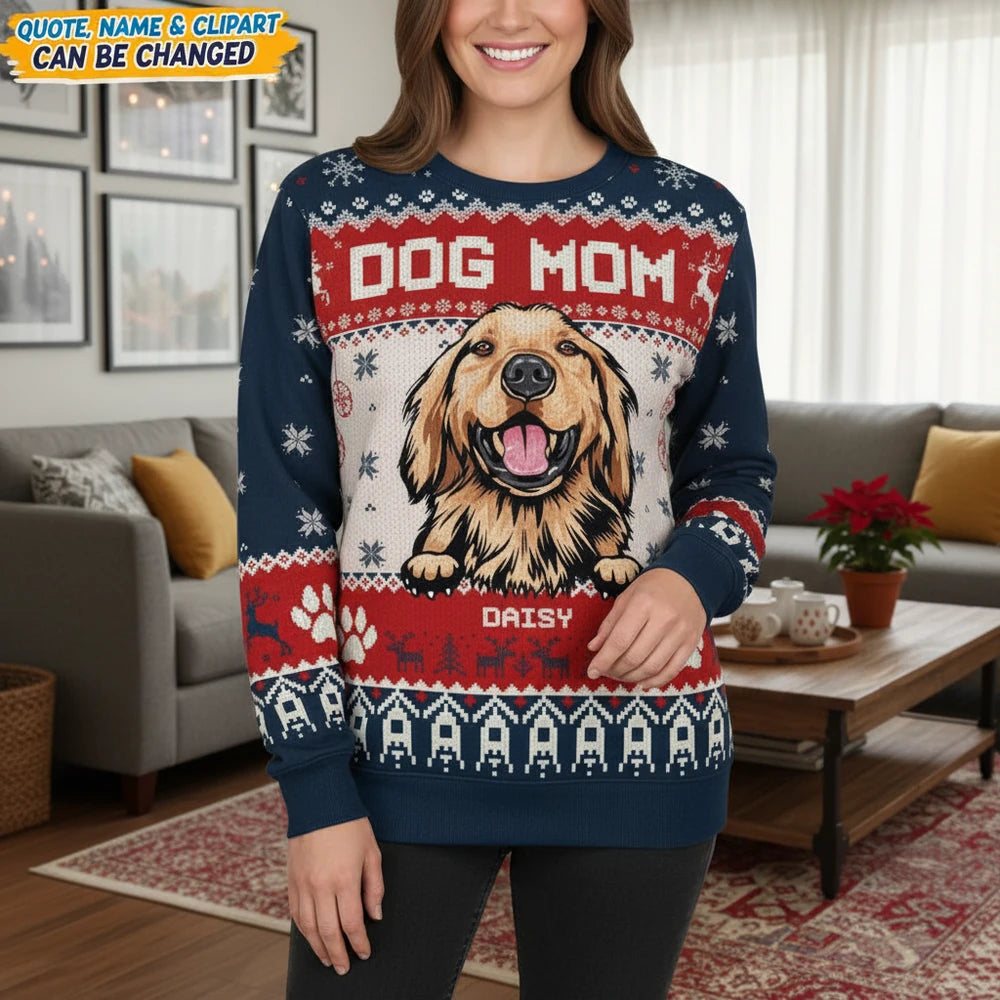 Custom Personalized Dog Mom Ugly Christmas Sweater with Golden Retriever main product photo