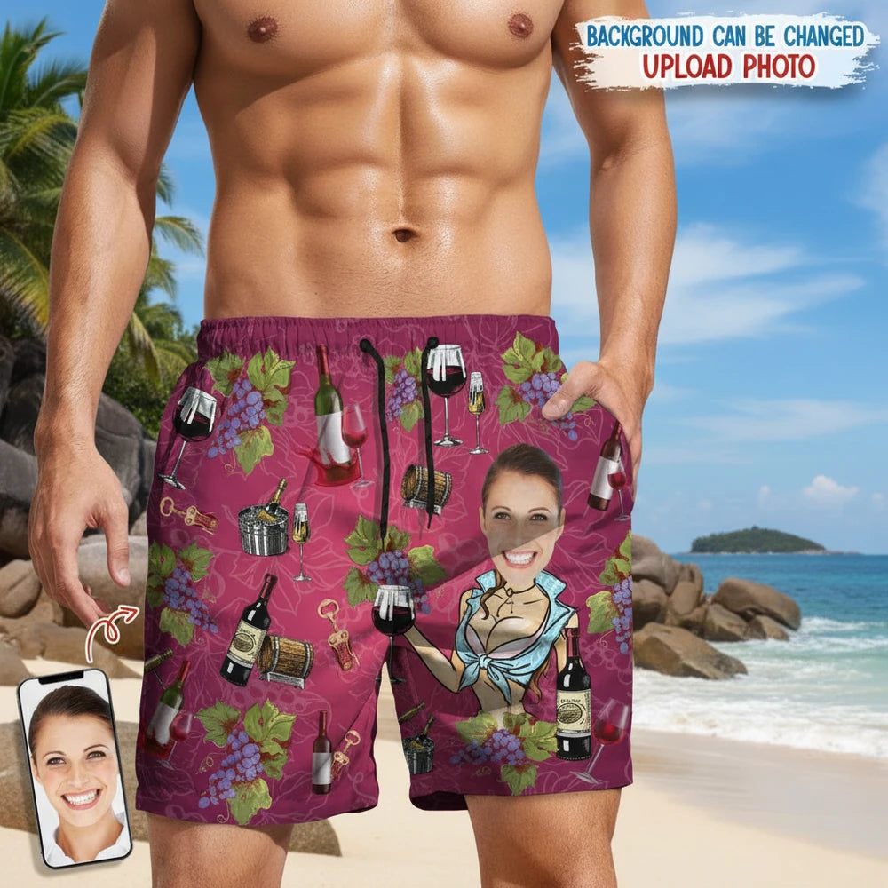 Custom Photo Upload Beach Shorts with Wine Bottles & Grapes main product photo