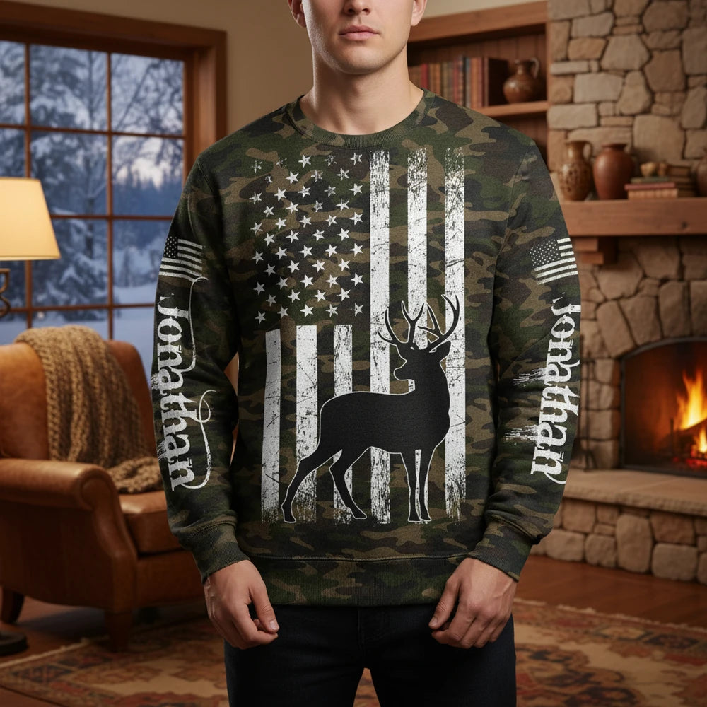 Custom Personalized Sweater with American Flag Deer and Camo main product photo