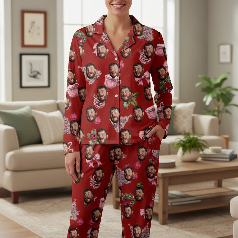 Custom Photo Upload Christmas Pajamas with Holly & Pink Mugs main product photo