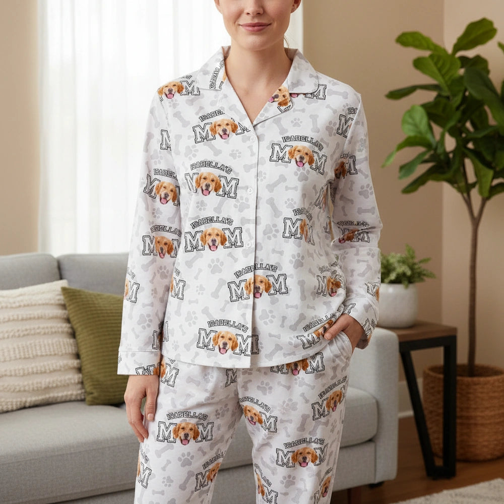 Custom Photo Upload Pajamas with Dog Mom and Paw Print Pattern main product photo