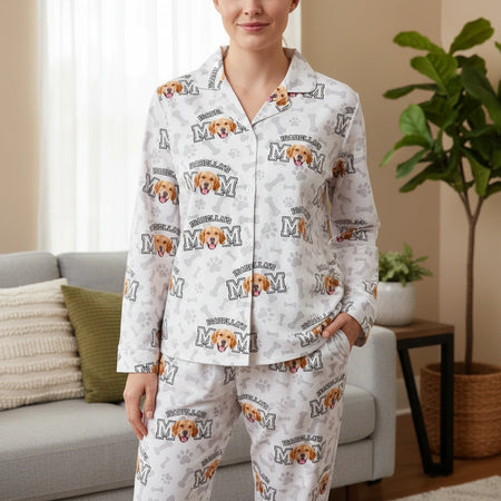 Custom Photo Upload Pajamas with Dog Mom and Paw Print Pattern main product photo