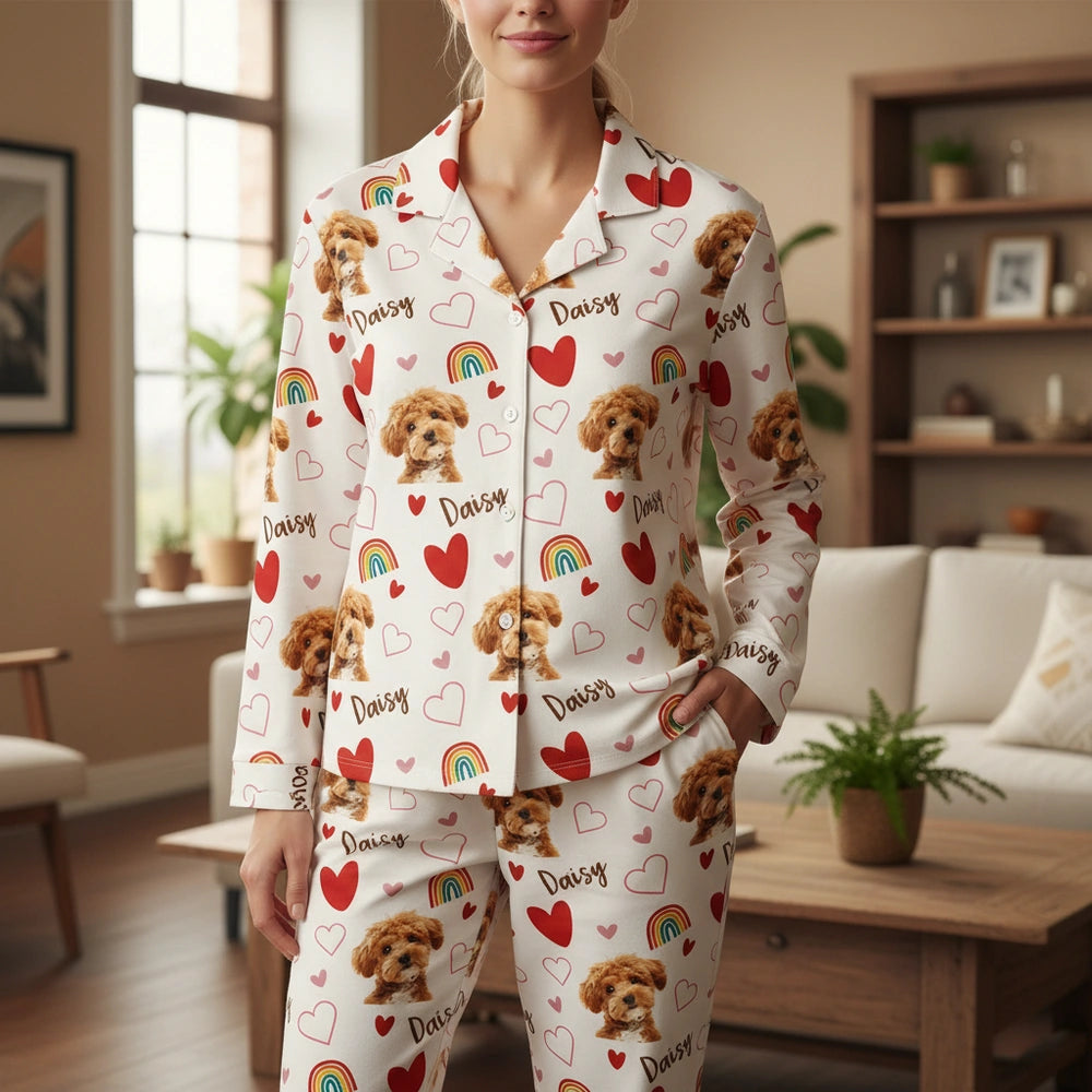 Custom Photo Upload Pajamas with Hearts and Rainbows main product photo