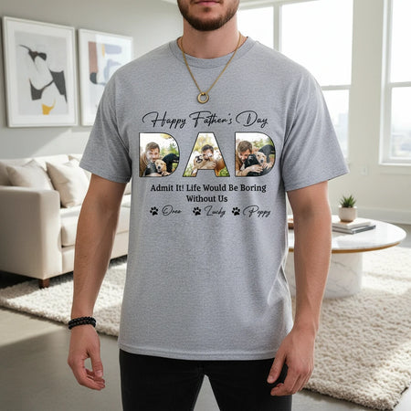 Custom Photo Upload Happy Father's Day T-Shirt with Paw Prints main product photo