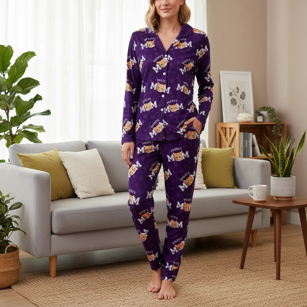 Custom Photo Upload Pajamas with Cat MOM Pattern & Paw Prints main product photo