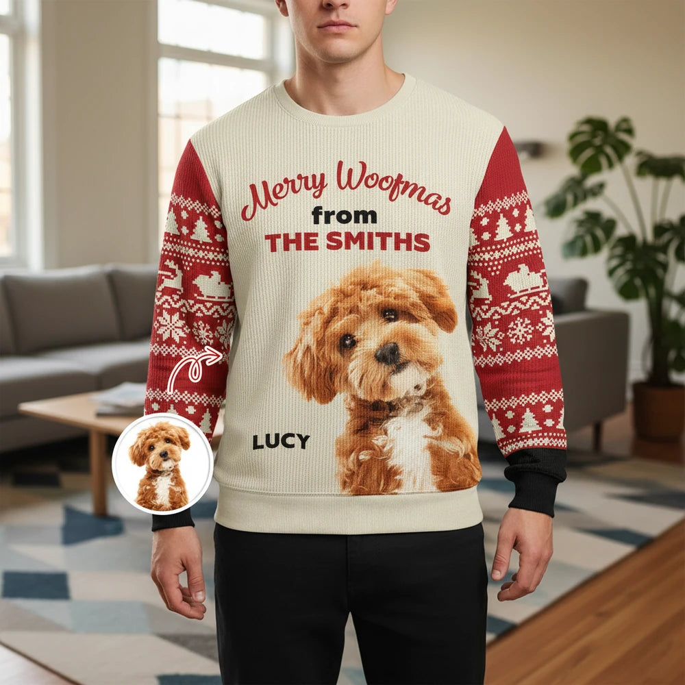 Custom Photo Upload Merry Woofmas Sweater with Fair Isle Sleeves main product photo