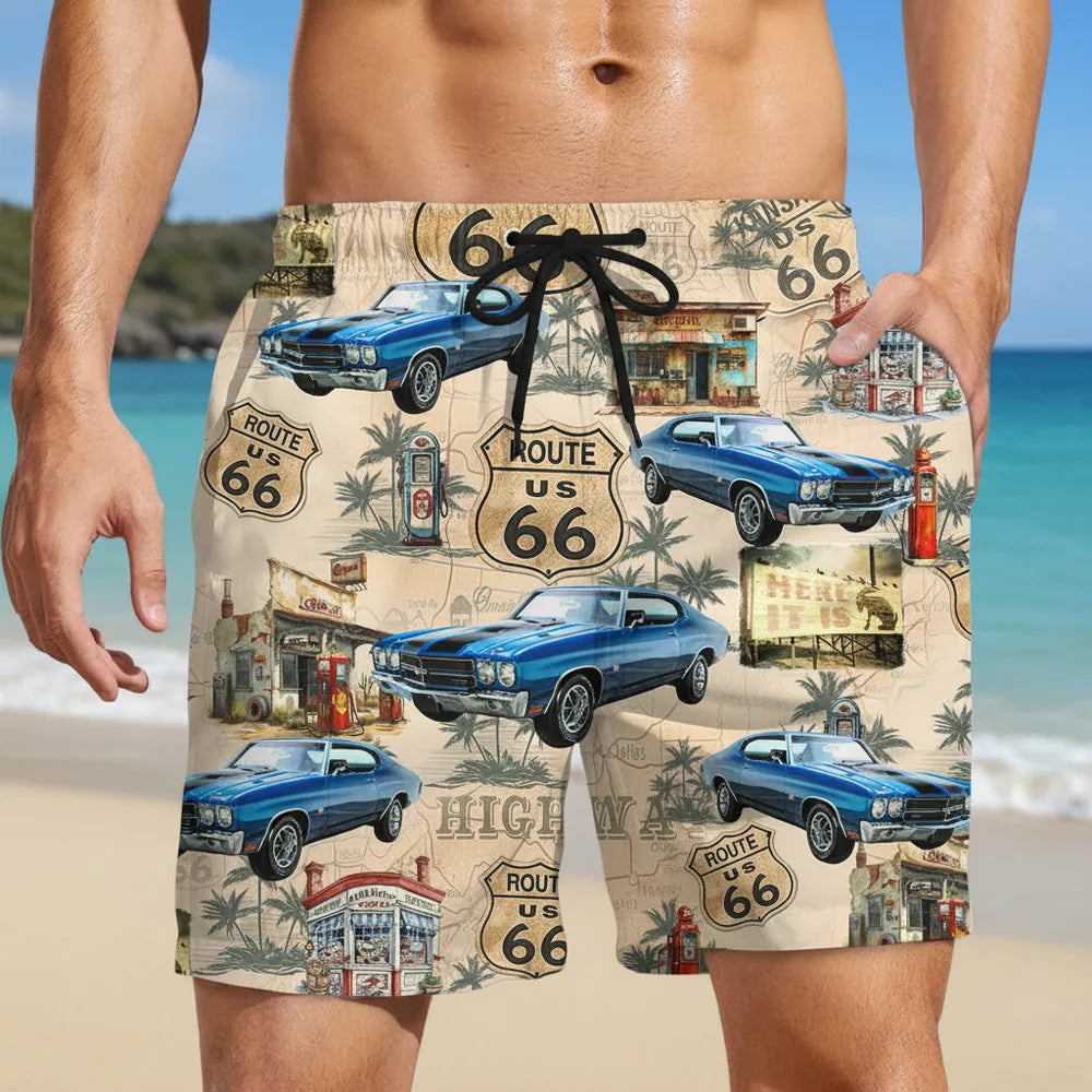 Custom Photo Upload Beach Shorts with Route 66 & Classic Blue Cars main product photo