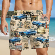 Custom Photo Upload Beach Shorts with Route 66 & Classic Blue Cars main product photo