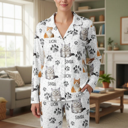 Custom Photo Upload Pajamas with Cat Photos & Paw Prints main product photo