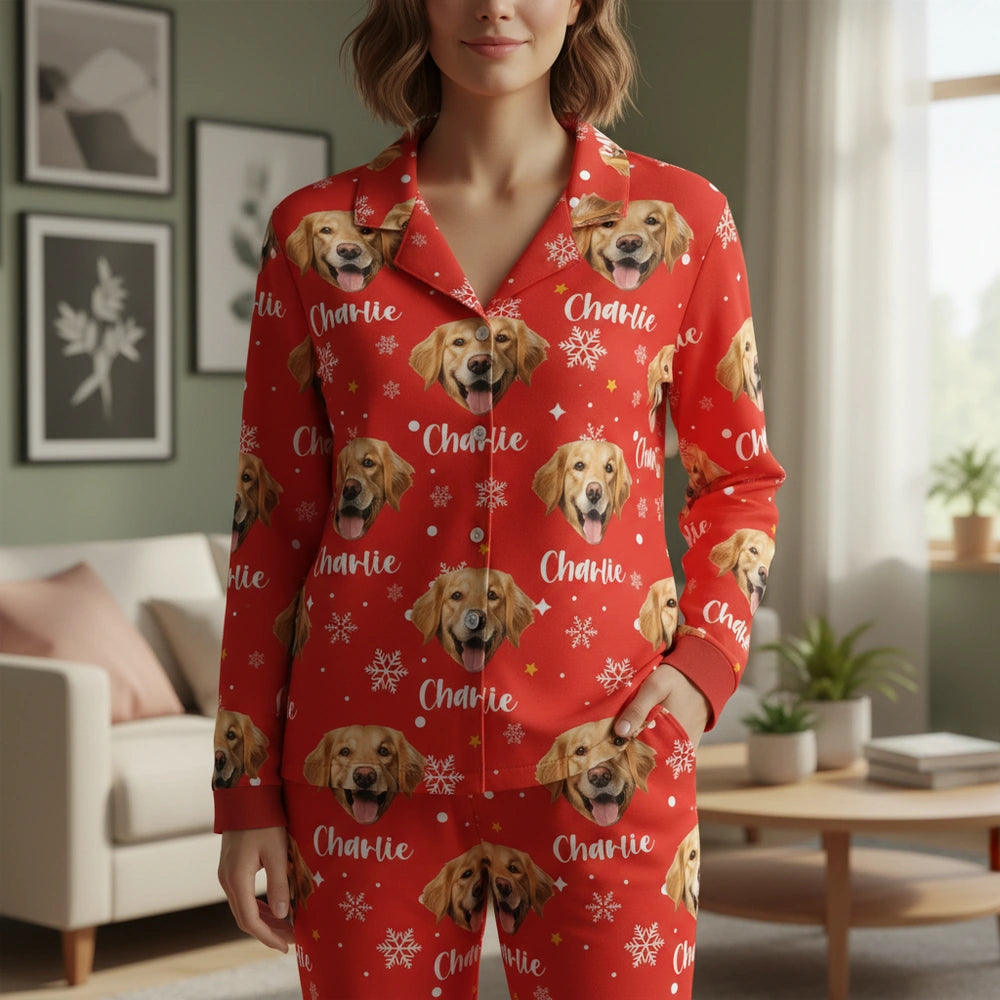 Custom Photo Upload Pajamas with Dog Face & Snowflakes main product photo