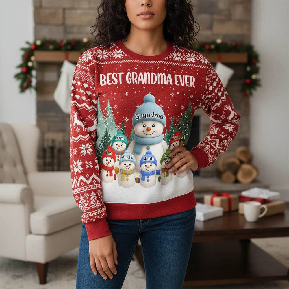 Custom Personalized Best Grandma Ever Snowman Family Christmas Sweater main product photo