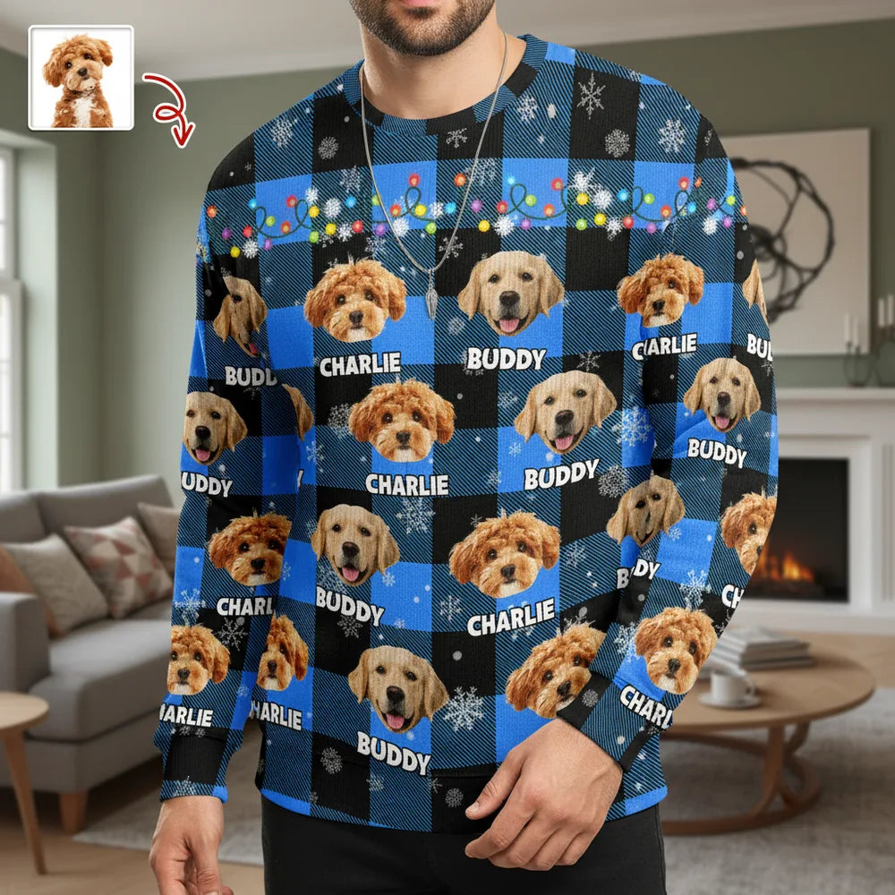 Custom Photo Upload Sweater with Blue Plaid & Christmas Lights main product photo