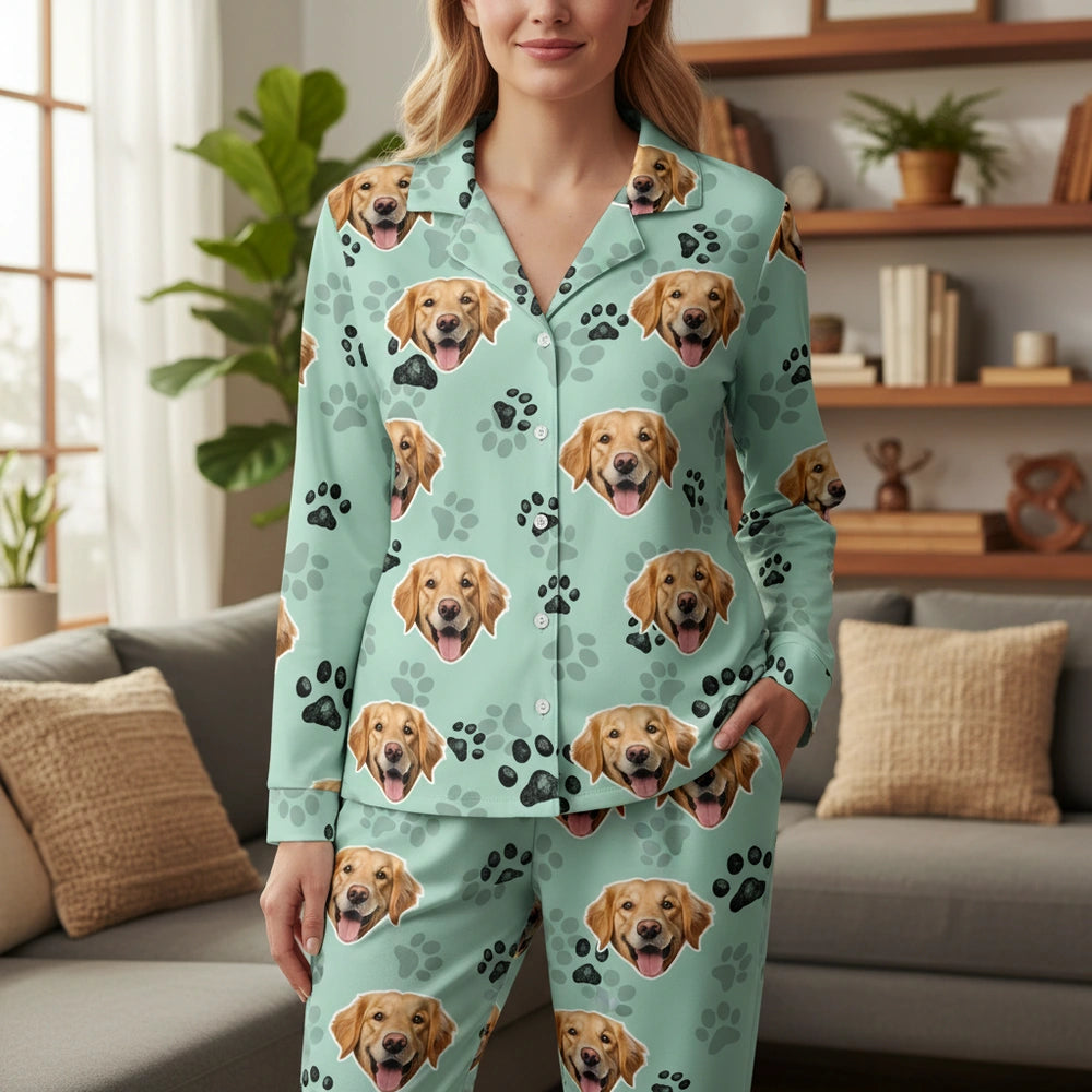 Custom Photo Upload Pajamas with Dog Faces & Paw Prints main product photo