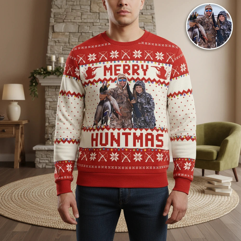 Custom Photo Upload Merry Huntmas Ugly Christmas Sweater main product photo