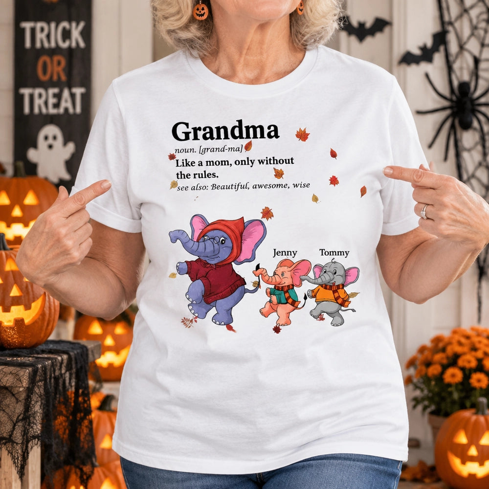 Custom Personalized Grandma T-Shirt with Elephant Kids and Fall Leaves AV1LI