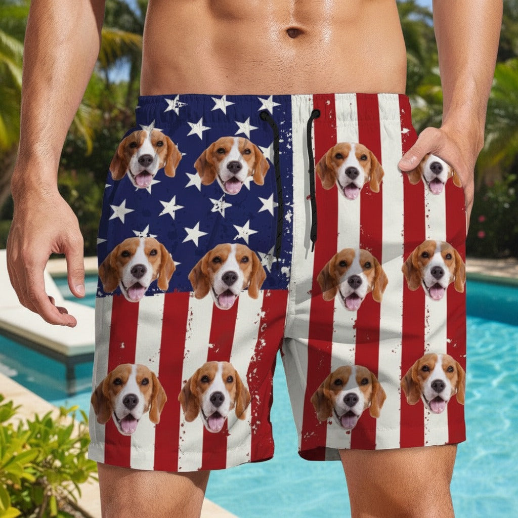 Custom Dog Photo With US Flag Beach Short HHY3P
