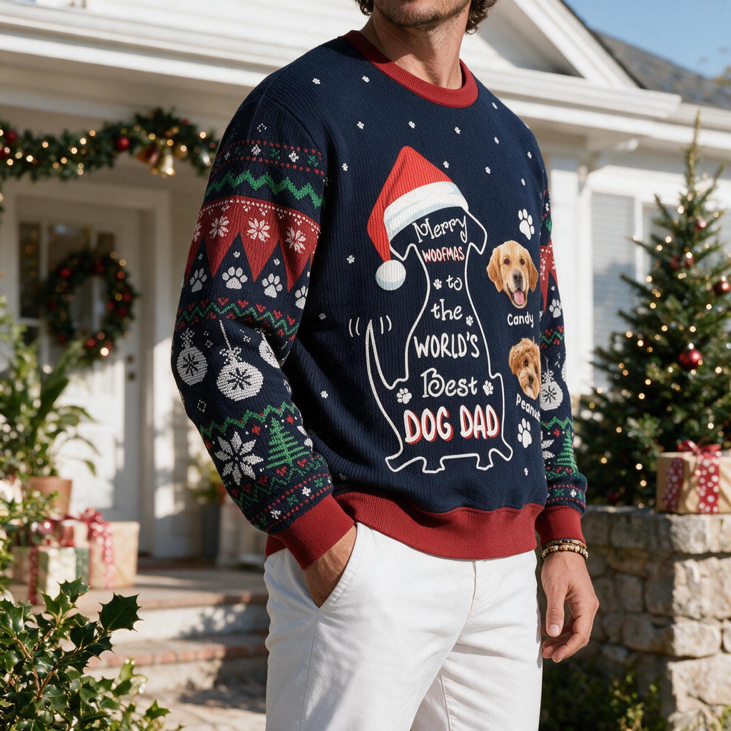 Custom Photo Upload Sweater Merry Woofmas to the World's Best Dog Dad 8NDJD