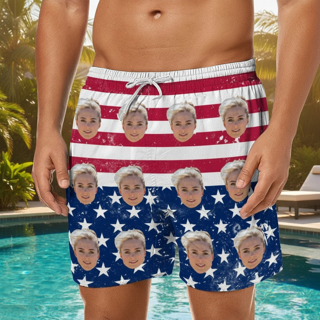 Custom Face Photo America Flag Beach Short AXSWT