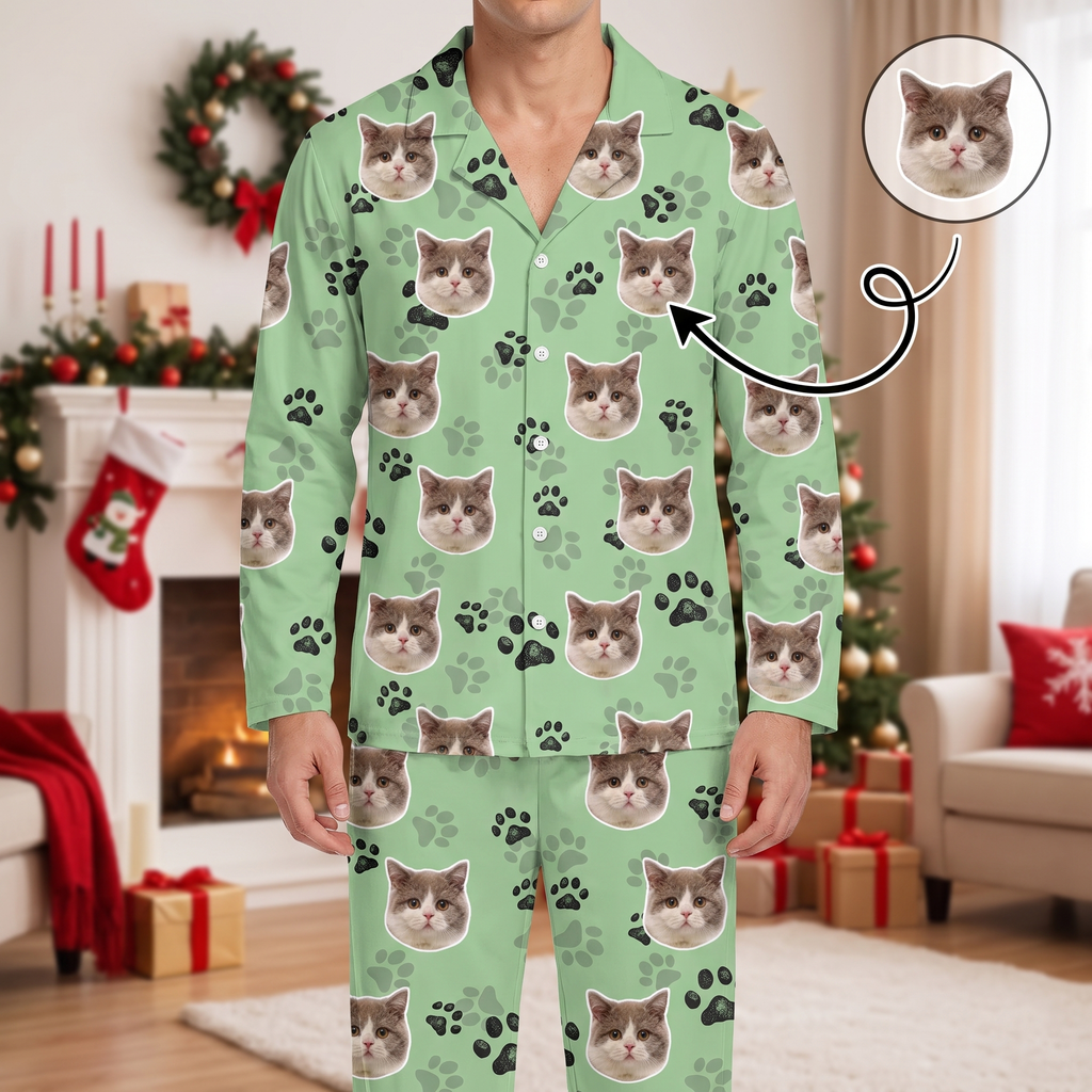 Custom Photo Upload Pajamas with Cat Faces and Paw Prints 3WVIA