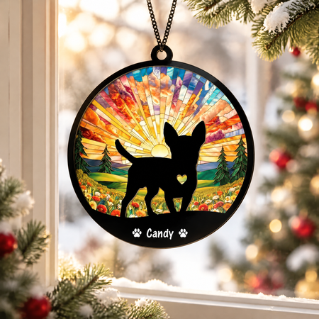 Custom Personalized Suncatcher Ornament with Sunset & Dog Silhouette 9RE3J