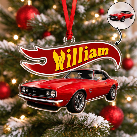Custom Personalized Acrylic Ornament with Red Muscle Car BOL1M