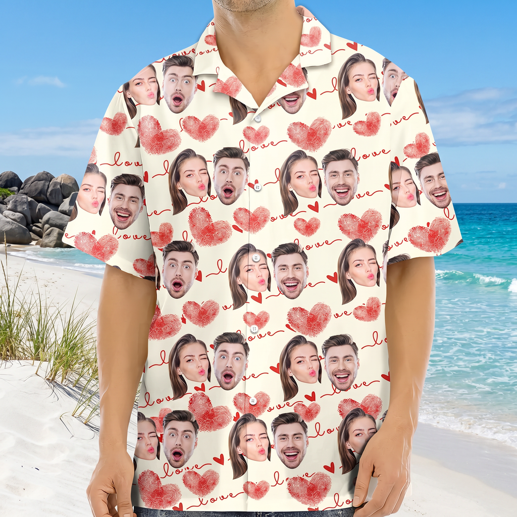 Custom Couple Photo With Heart Pattern Hawaiian Shirt