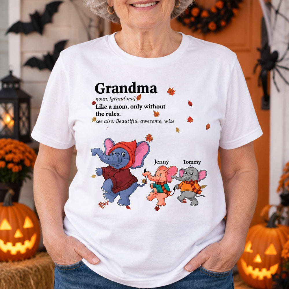 Custom Personalized Grandma T-Shirt with Elephant Kids and Fall Leaves AV1LI