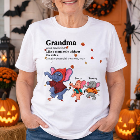 Custom Personalized Grandma T-Shirt with Elephant Kids and Fall Leaves AV1LI
