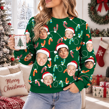 Custom Photo Upload Sweater with Cats in Santa Hats & Christmas Lights TT0TQ