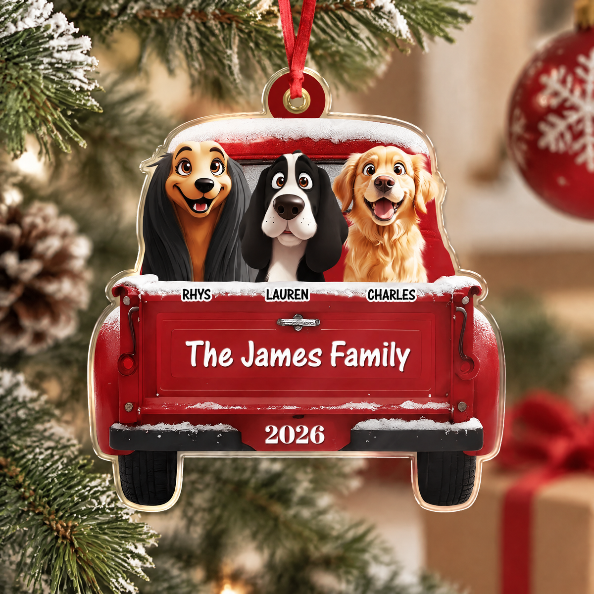 Custom Personalized Acrylic Ornament with Dogs in Red Truck 5V4X3