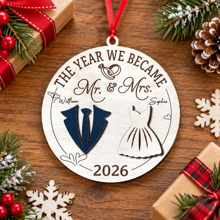 Custom Personalized Wood Ornament with Bride & Groom Silhouettes 6UHXS